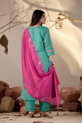 Sea Green Pintuck Kurta Set with Fuchsia Pink Floral Dupatta