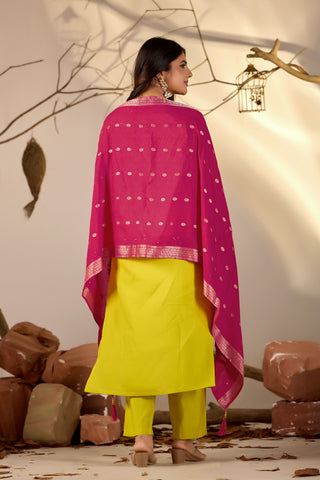 Lime Green Embroidered Kurta Set with Rani Pink Banarasi Dupatta