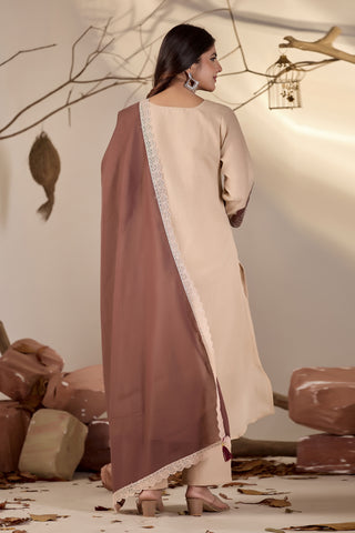 Beige Straight Kurta Set with Brown Peacock Embroidery & Lace-Trim Dupatta