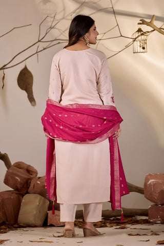 Blush Peach Embroidered Kurta Set with Rani Pink Woven Dupatta
