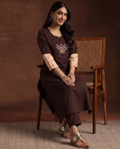 Coffee Brown Mirror Work Kurta with Ikat Print Sleeves & Pant