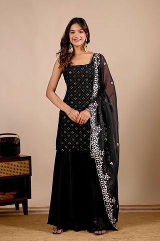 Black Georgette Embroidered Kurta And Sharara Suit Set with Dupatta