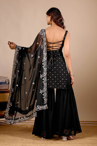 Black Georgette Embroidered Kurta And Sharara Suit Set with Dupatta