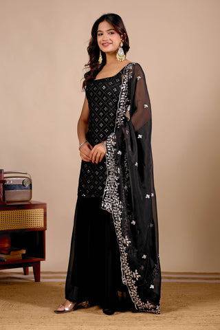 Black Georgette Embroidered Kurta And Sharara Suit Set with Dupatta
