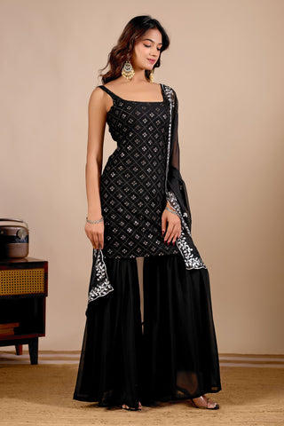 Black Georgette Embroidered Kurta And Sharara Suit Set with Dupatta