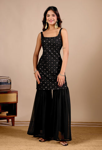 Black Georgette Embroidered Kurta And Sharara Suit Set with Dupatta