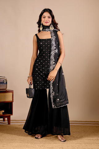 Black Georgette Embroidered Kurta And Sharara Suit Set with Dupatta