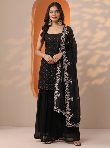 Black Heavy Embroidered Sharara Suit Set For Women With Dupatta