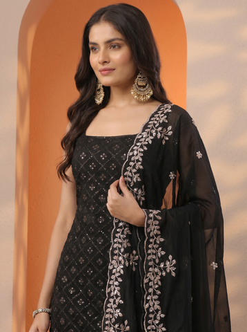 Black Heavy Embroidered Sharara Suit Set For Women With Dupatta