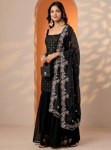 Black Heavy Embroidered Sharara Suit Set For Women With Dupatta