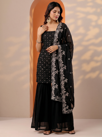 Black Heavy Embroidered Sharara Suit Set For Women With Dupatta