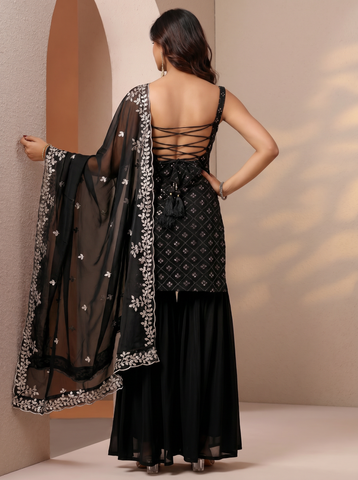 Black Heavy Embroidered Sharara Suit Set For Women With Dupatta