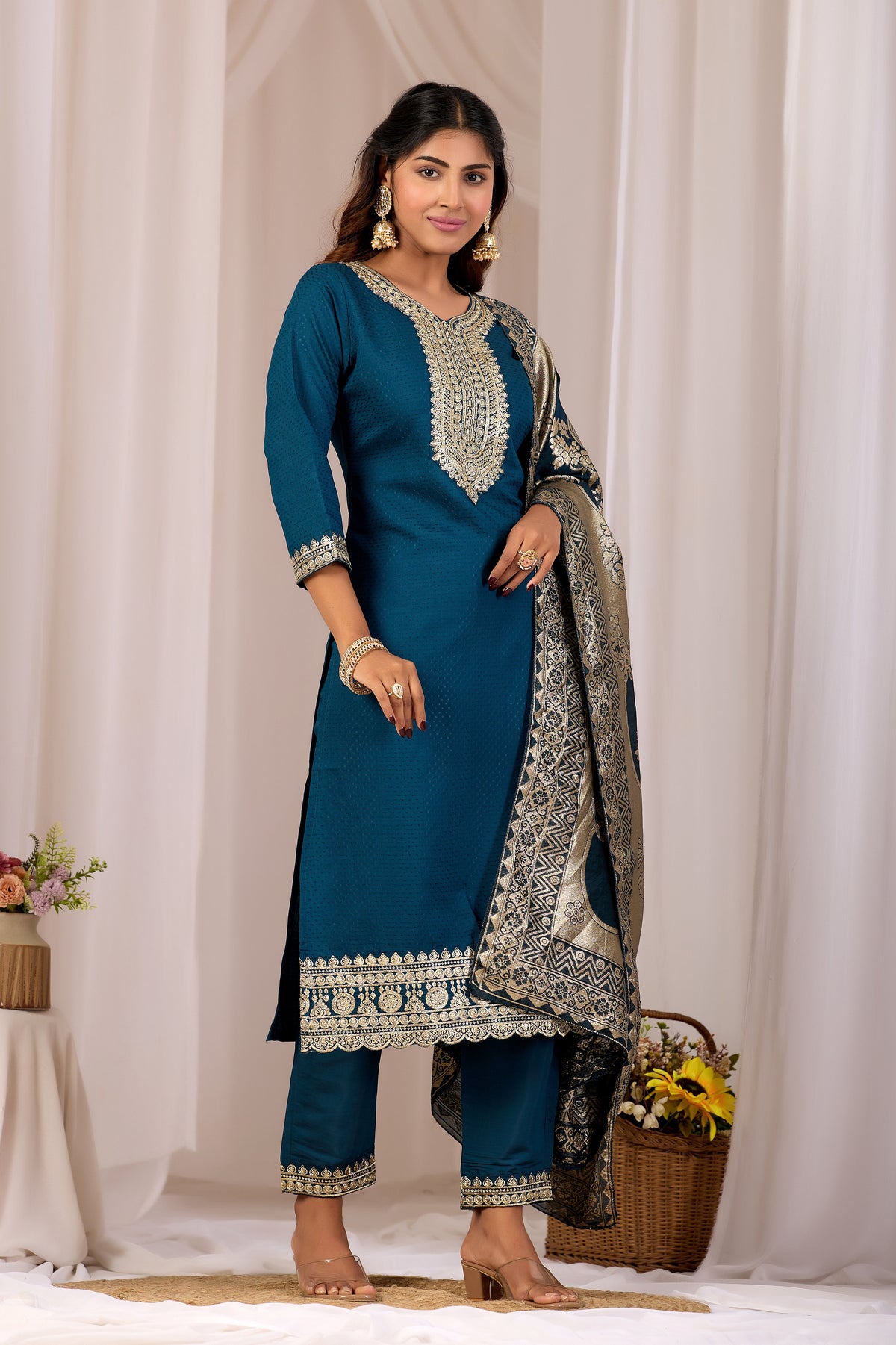 Blue Cotton Straight Kurta Set for Women With Jacquard Dupatta