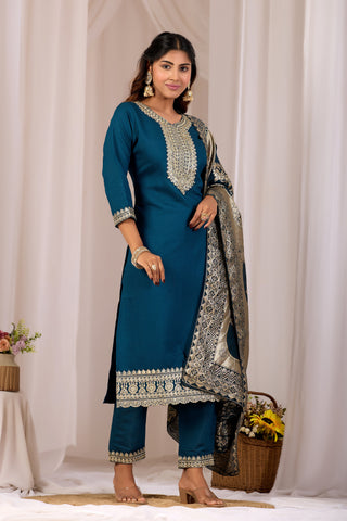 Blue Cotton Straight Kurta Set for Women With Jacquard Dupatta