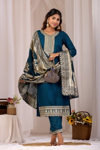 Blue Cotton Straight Kurta Set for Women With Jacquard Dupatta