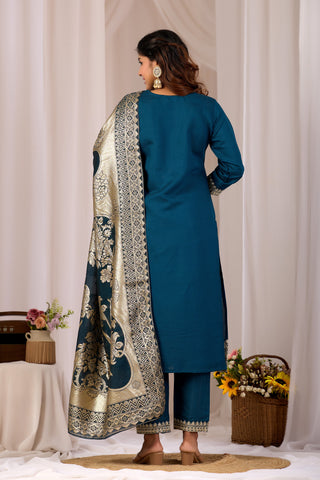 Blue Cotton Straight Kurta Set for Women With Jacquard Dupatta