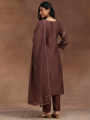 Brown Neck Design Embroidered Cotton A-Line Kurta Set for Women with Dupatta