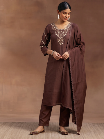 Brown Neck Design Embroidered Cotton A-Line Kurta Set for Women with Dupatta