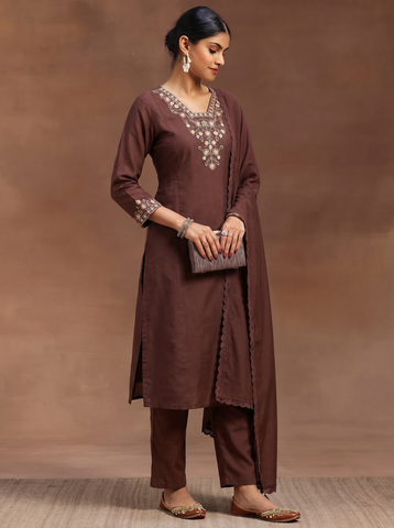 Brown Neck Design Embroidered Cotton A-Line Kurta Set for Women with Dupatta