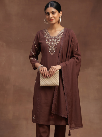 Brown Neck Design Embroidered Cotton A-Line Kurta Set for Women with Dupatta