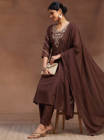 Brown Neck Design Embroidered Cotton A-Line Kurta Set for Women with Dupatta
