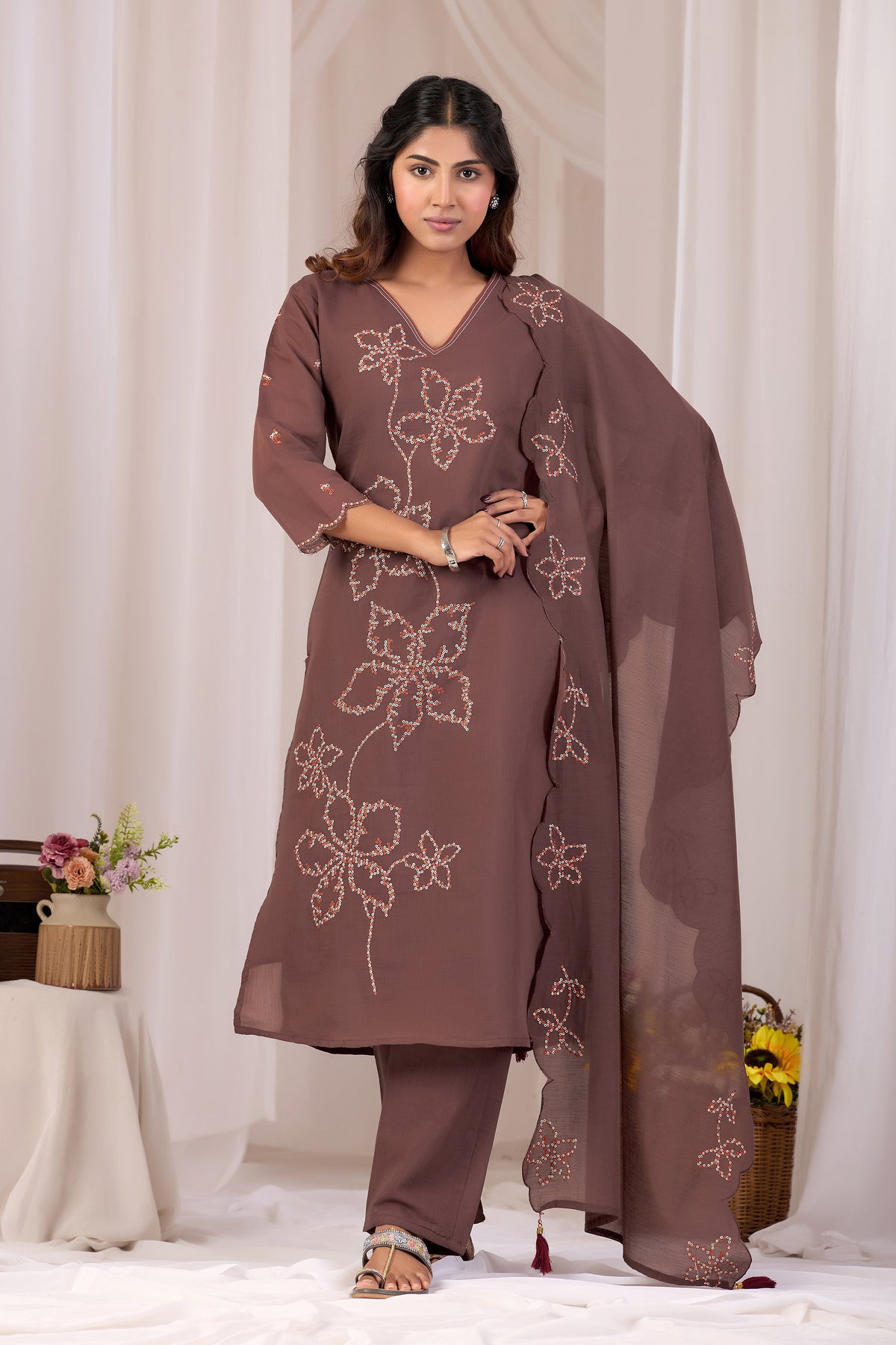 Coffee Brown Mirror Work Kurta with Ikat Print Sleeves & Pant