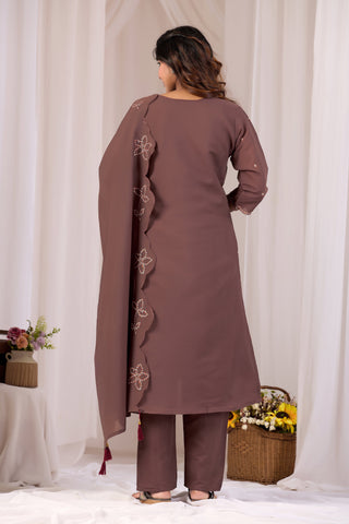 Coffee Brown Mirror Work Kurta with Ikat Print Sleeves & Pant