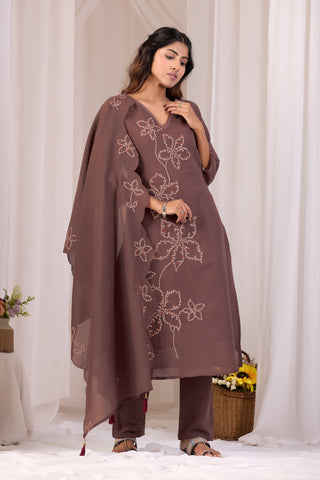 Coffee Brown Mirror Work Kurta with Ikat Print Sleeves & Pant