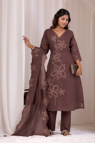 Coffee Brown Mirror Work Kurta with Ikat Print Sleeves & Pant