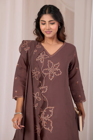 Coffee Brown Mirror Work Kurta with Ikat Print Sleeves & Pant