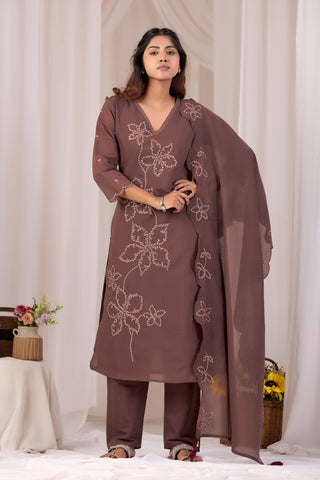 Coffee Brown Mirror Work Kurta with Ikat Print Sleeves & Pant