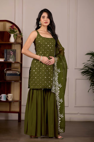 Charming Pastel Green Embroidered Kurta And Sharara Suit Set with Dupatta