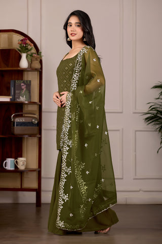 Charming Pastel Green Embroidered Kurta And Sharara Suit Set with Dupatta