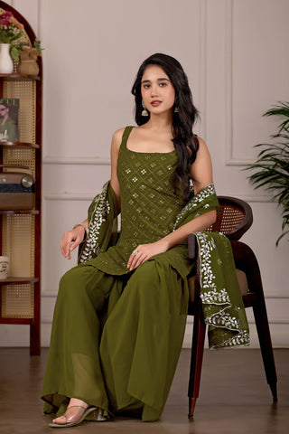 Charming Pastel Green Embroidered Kurta And Sharara Suit Set with Dupatta