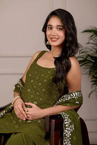 Charming Pastel Green Embroidered Kurta And Sharara Suit Set with Dupatta