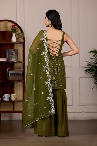 Charming Pastel Green Embroidered Kurta And Sharara Suit Set with Dupatta