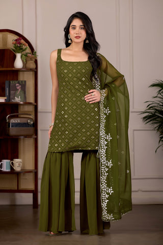 Charming Pastel Green Embroidered Kurta And Sharara Suit Set with Dupatta