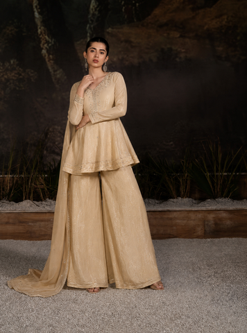 Off White Embroidered Peplum Top with Sharara Set