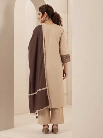 Cream Embroidered Cotton A-Line Suit Set for Women with Brown Dupatta