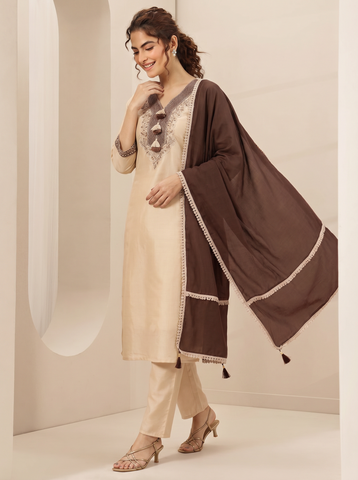 Cream Embroidered Cotton A-Line Suit Set for Women with Brown Dupatta