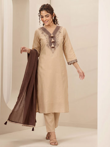 Cream Embroidered Cotton A-Line Suit Set for Women with Brown Dupatta