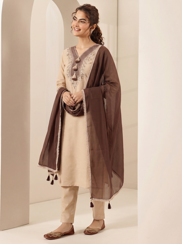 Cream Embroidered Cotton A-Line Suit Set for Women with Brown Dupatta