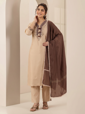 Cream Embroidered Cotton A-Line Suit Set for Women with Brown Dupatta