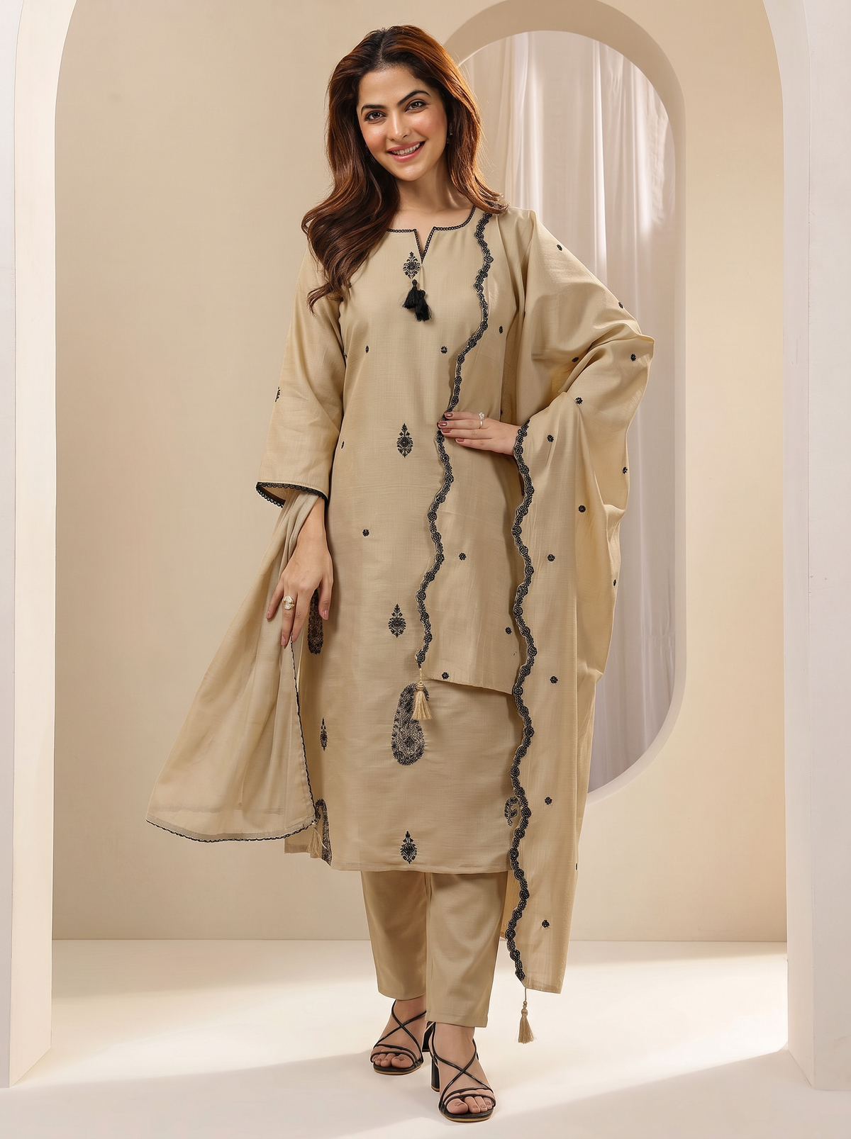 Cream Embroidered Cotton A-Line Suit Set for Women with Dupatta