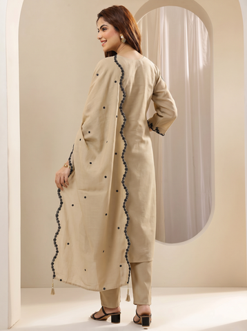 Cream Embroidered Cotton A-Line Suit Set for Women with Dupatta