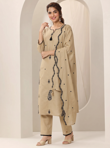 Cream Embroidered Cotton A-Line Suit Set for Women with Dupatta