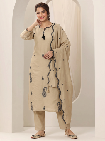 Cream Embroidered Cotton A-Line Suit Set for Women with Dupatta