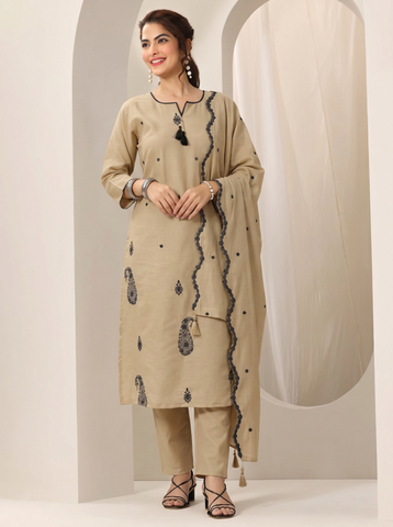 Cream Embroidered Cotton A-Line Suit Set for Women with Dupatta