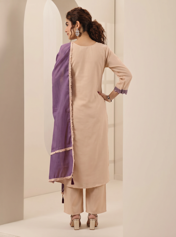 Cream Embroidered Cotton A-Line Suit Set for Women with Purple Dupatta