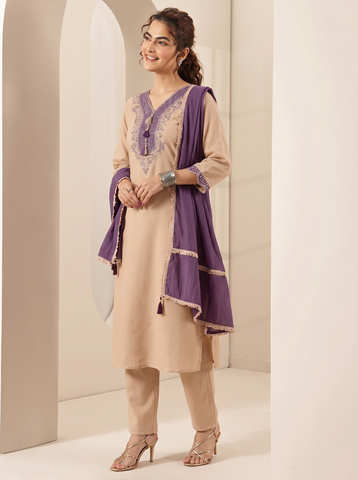 Cream Embroidered Cotton A-Line Suit Set for Women with Purple Dupatta